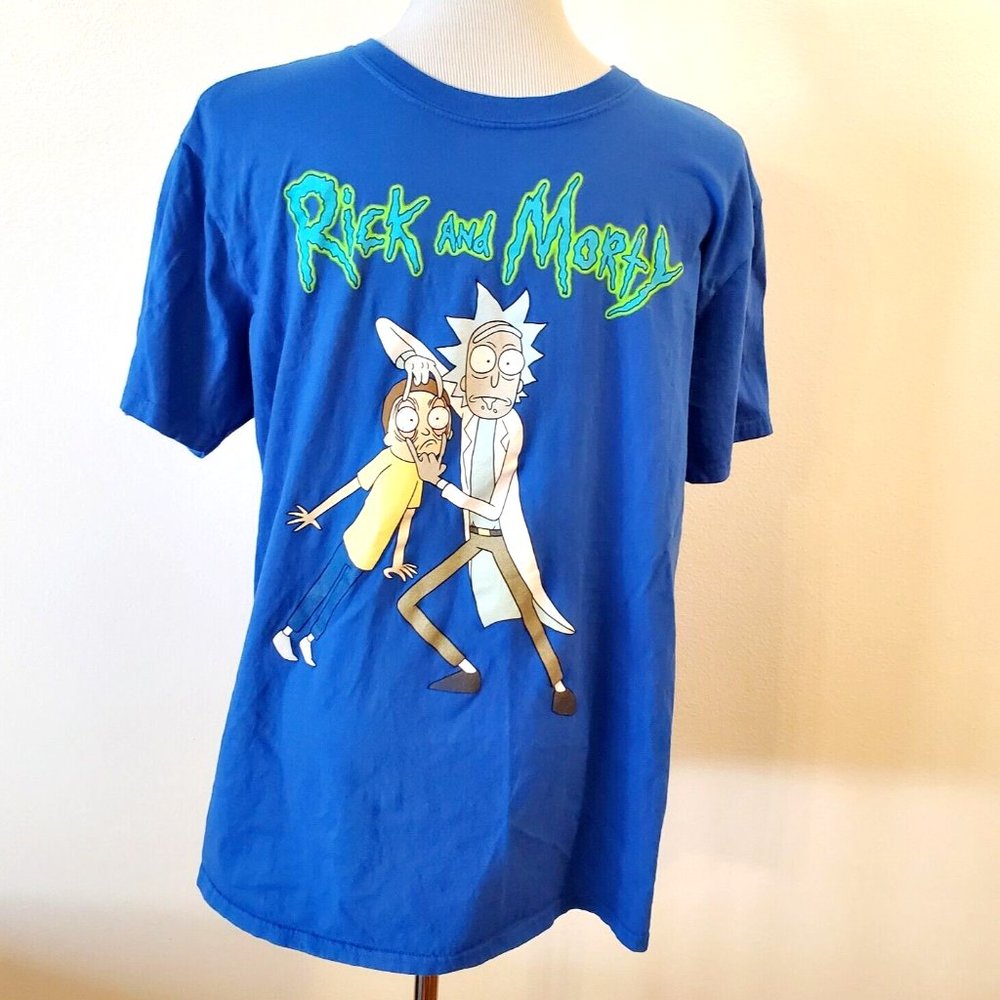 Rick And Morty Men's Size Large Blue Graphic T-Shirt 2018 Adult Swim EUC